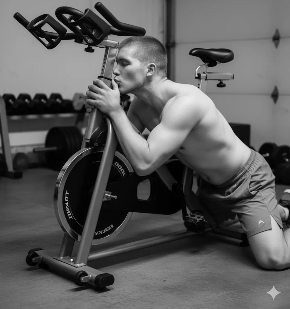 Aaron Feeney kneeling and kissing a spin bike